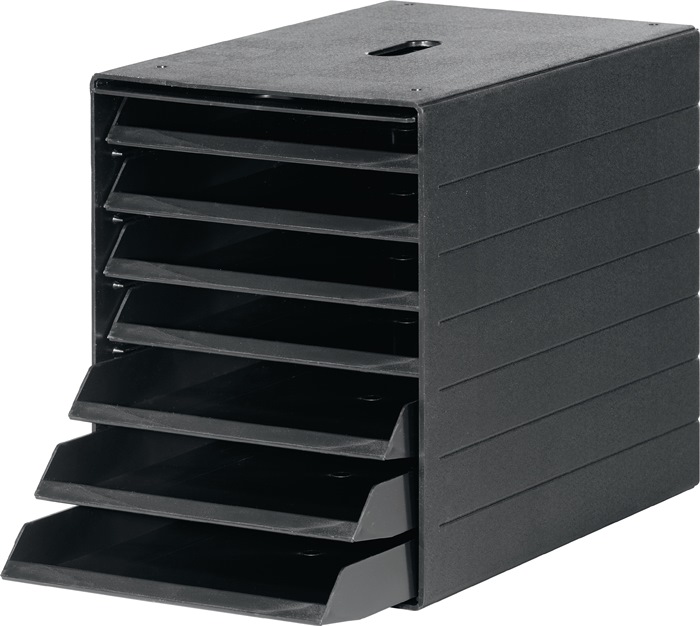 Schubladenbox 7 Schubl.m.versenkbarer Frontklappe schwarz H322xB250xT365mm