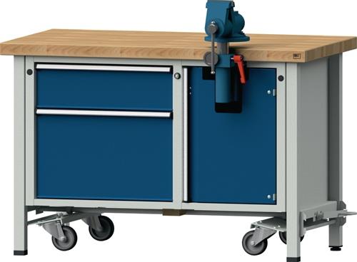 Montagewerkbank Buche massiv B1270xT700xH850mm fahrbar blau/grau 50mm 2Schubl. || VE = 1 ST