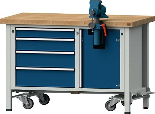 Montagewerkbank Buche massiv B1270xT700xH850mm fahrbar blau/grau 50mm 4Schubl. || VE = 1 ST