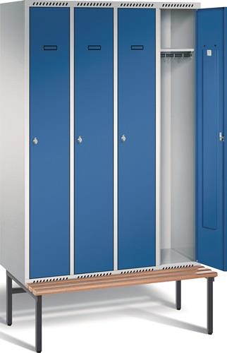 Garderobenschrank m.Sitzbank H2100xB1225xT800mm lichtgrau/enzianblau 4Abt.PROMAT || VE = 1 ST