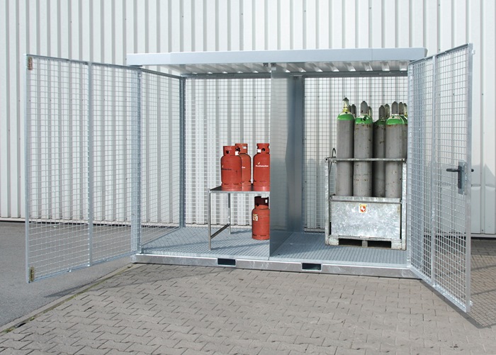 Gasflaschencontainer B3135xT2170xH2260mm verzinkt,m.Dach m.Gitterrostboden BAUER