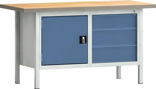 Werkbank PW 700 B1500xT700xH840mm Buche Multiplex grau brillantblau 3Schubl.1Tür || VE = 1 ST