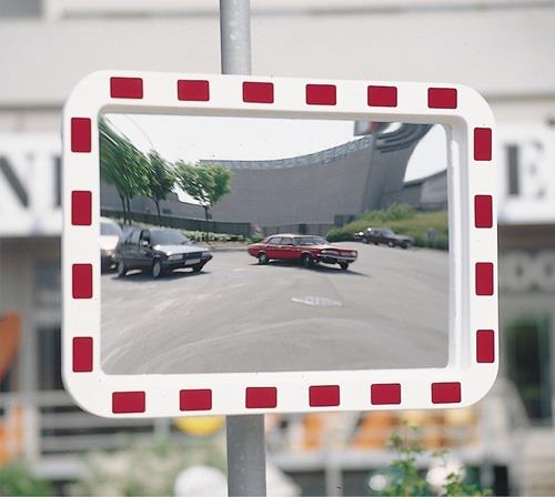 Verkehrsspiegel H400xB600mm Kunststoff,rot/weiß f.2 Richtungen 5m || VE = 1 ST